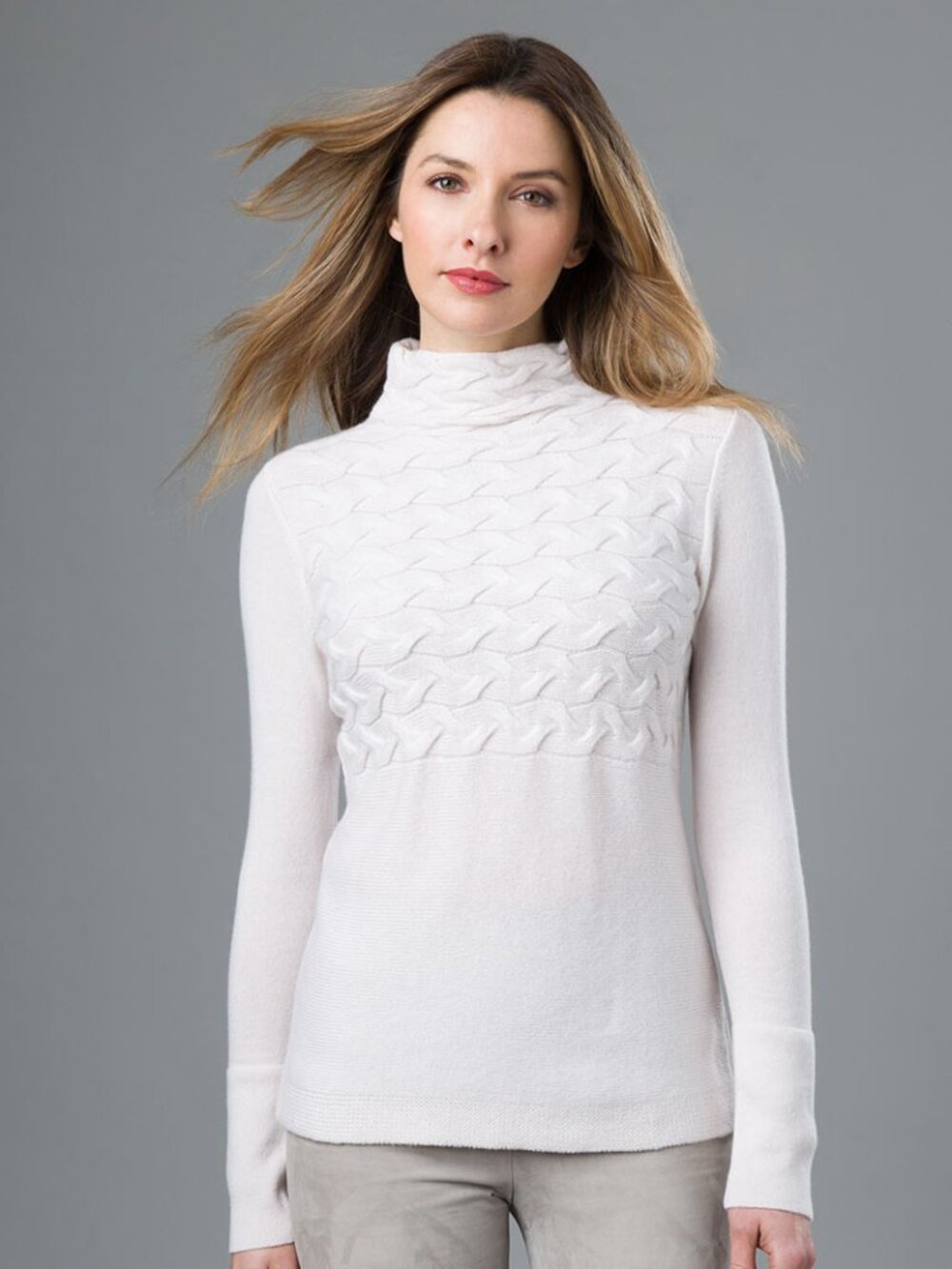 LUXURIOUS BLISS KINROSS HORIZONTAL CABLE KNIT PURE CASHMERE SWEATER off-white